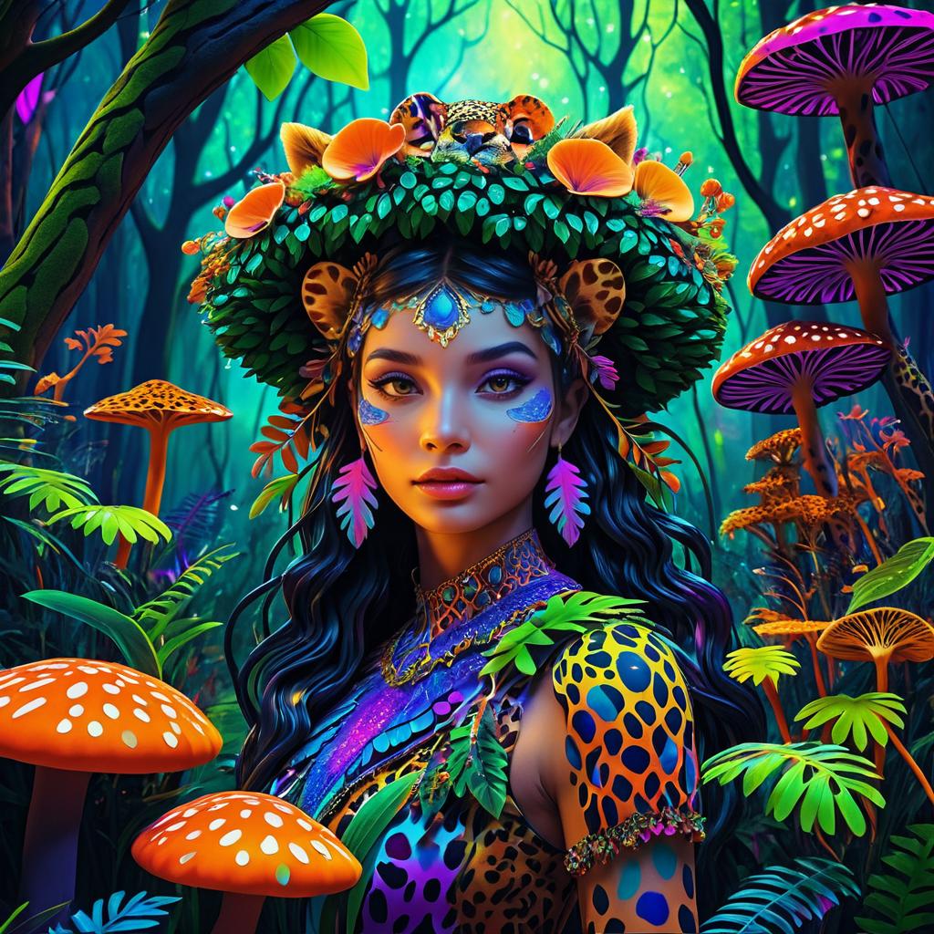 Vibrant Anthropomorphic Leopard in Fungi Forest