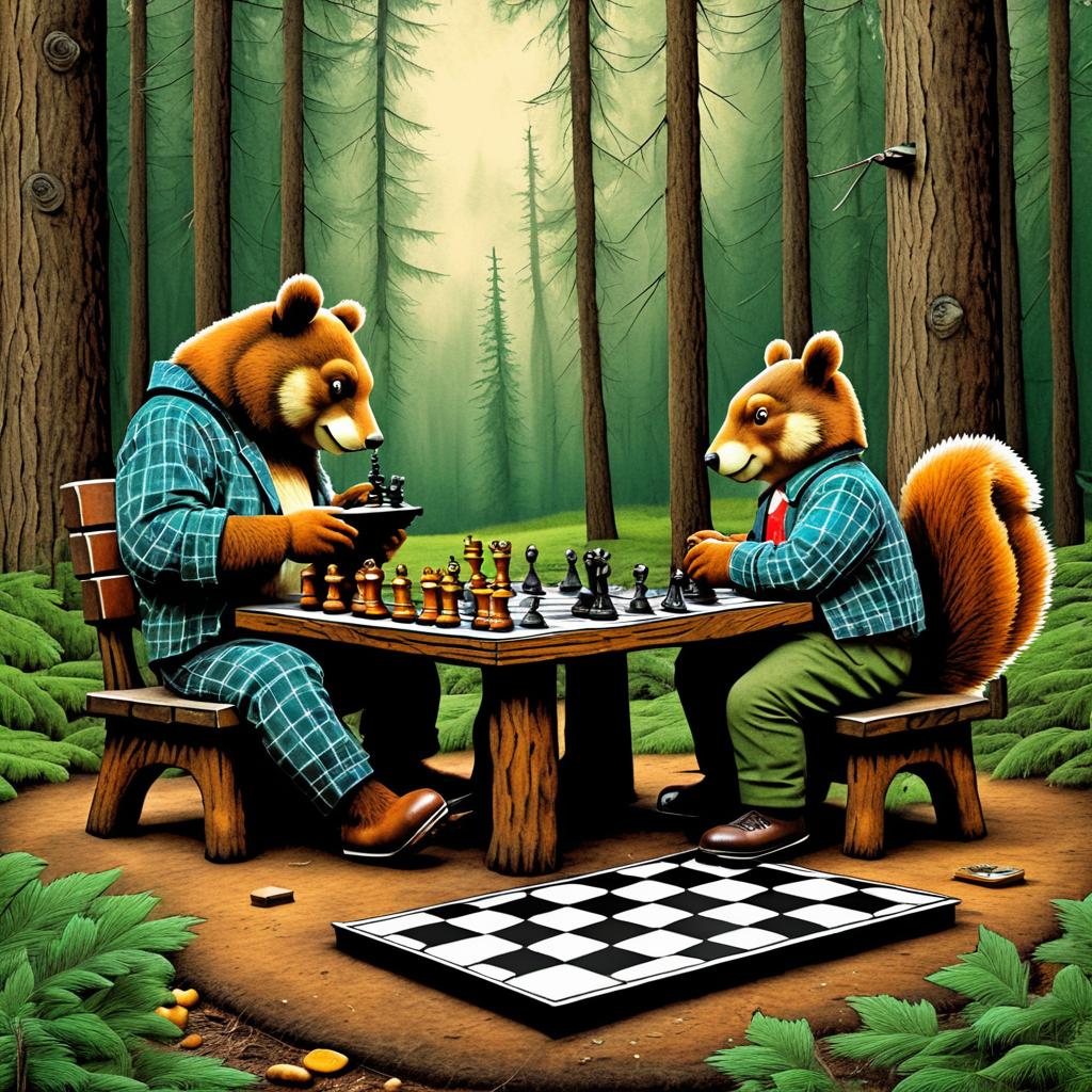 Whimsical Bear and Squirrel Chess Match