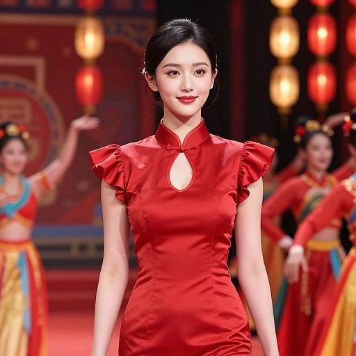 Photograph of an Asian woman in a vibrant red, sleeveless cheongsam with ruffled shoulders, standing on a stage with blurred dancers in colorful