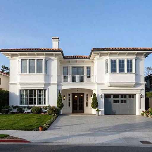 Photograph of a two-story, white stucco house with red-tiled roof, large windows, balcony, double garage, and neatly trimmed green