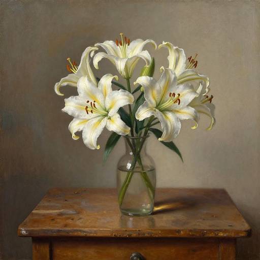 Photograph of a clear glass vase with white lilies on a weathered wooden table, illuminated softly against a neutral background.