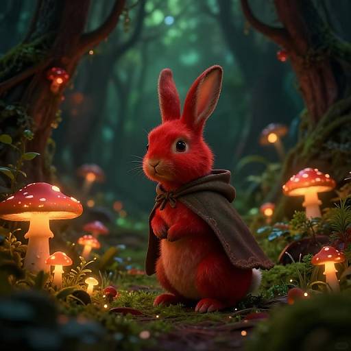 Digital fantasy art of a red-furred rabbit with a dark cloak, standing amidst glowing red mushrooms in a mystical forest.