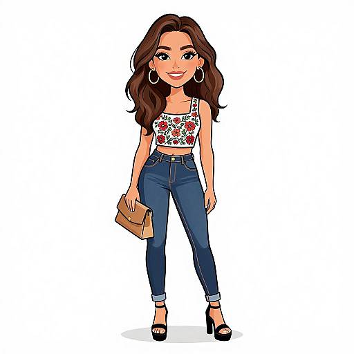 Digital cartoon of a smiling woman with long brown hair, wearing a floral crop top, blue jeans, black high heels, and hoop earrings, holding a