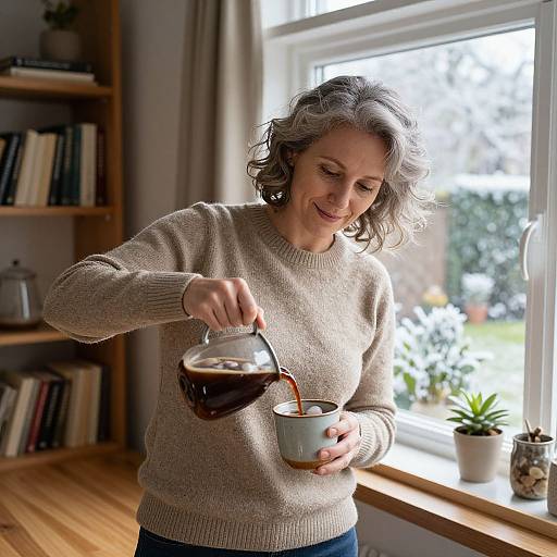 Photograph of a smiling middle-aged woman with short gray hair, pouring coffee from a glass carafe into a white mug in a warmly lit, book