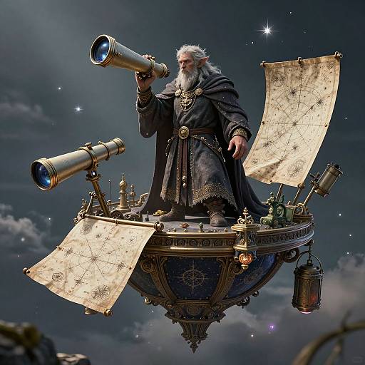 Magical old wizard with white beard and pointed ears, wearing black robe, using brass telescope on floating, ornate, starry night sky platform with