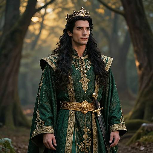 Photograph of a long-haired, dark-haired man with a crown, wearing an ornate green and gold medieval robe, standing in a misty forest