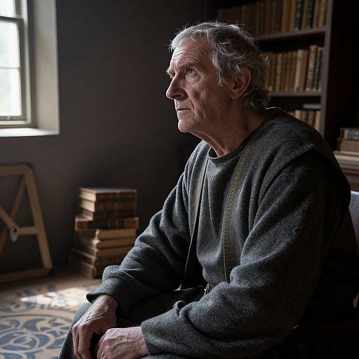 Photograph of an elderly man with gray hair, wearing a dark gray sweater, sitting in a dimly lit room with bookshelves and sunlight streaming
