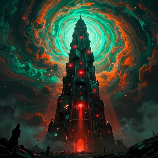 Ominous Geometric Tower in Surreal Storm