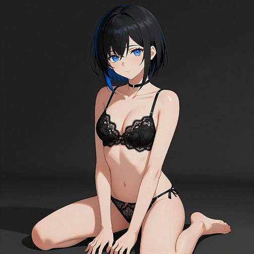 Anime Girl in Black Lace Lingerie Kneeling