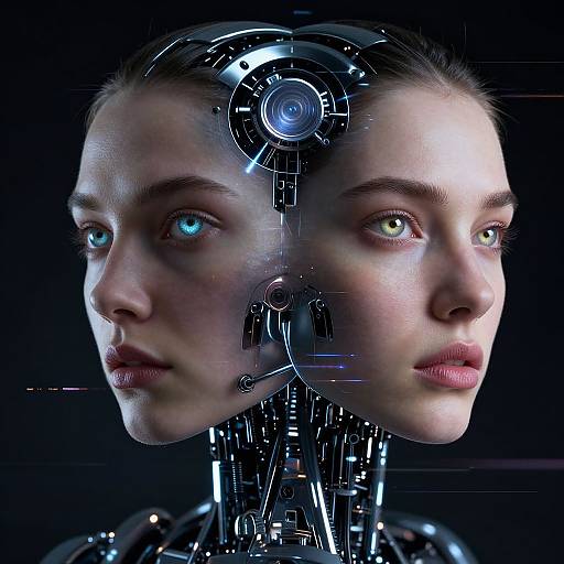 Digital CGI of a woman with cybernetic enhancements, featuring glowing blue eyes, intricate circuitry on her forehead and neck, against a dark background.
