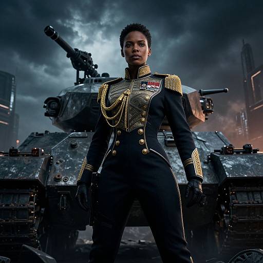Photorealistic CGI of a confident Black woman in a gold-embellished black military uniform standing in front of a tank under a stormy,