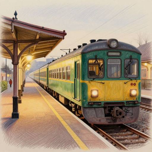 Photograph of a vintage green and yellow train arriving at a quaint, illuminated station platform with wooden roof and overhead lights.