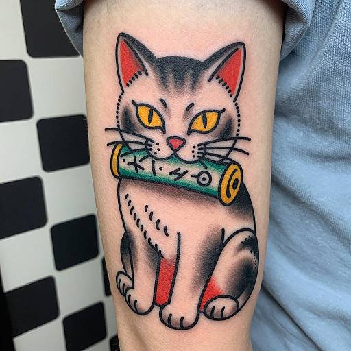 Vibrant Cat Tattoo with Scroll Design