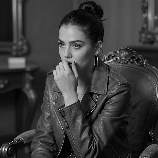 Elegant Woman in Leather and Intricate Chair