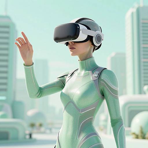 CGI image of a woman in a futuristic, light green, form-fitting suit with silver patterns, wearing a VR headset, raising her hand in