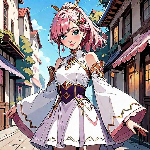Digital anime-style illustration of a pink-haired, blue-eyed girl with a crown, wearing a white, gold-accented dress, standing in a vibrant