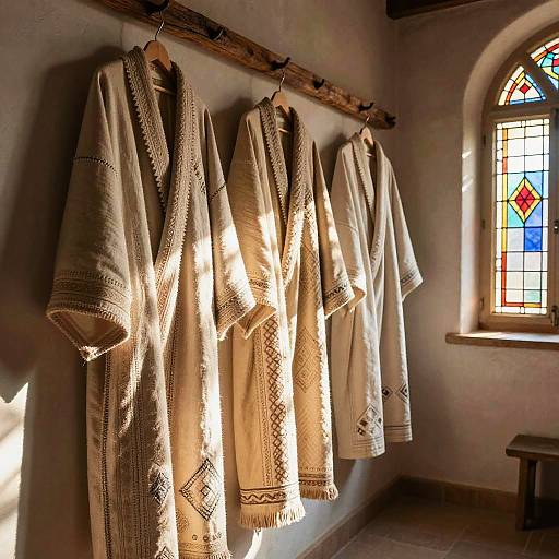 Photograph of six beige, embroidered bathrobes hanging on a wooden rod in a sunlit, rustic room with a stained glass window.