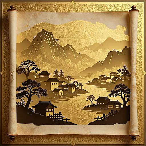 Golden scroll-style illustration of a serene Asian village with traditional houses, winding path, and mountainous background, detailed in black and gold.