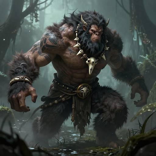 Digital artwork of a muscular, black-furred, beast-like humanoid with horns, skull necklace, and fur loincloth, standing in a misty