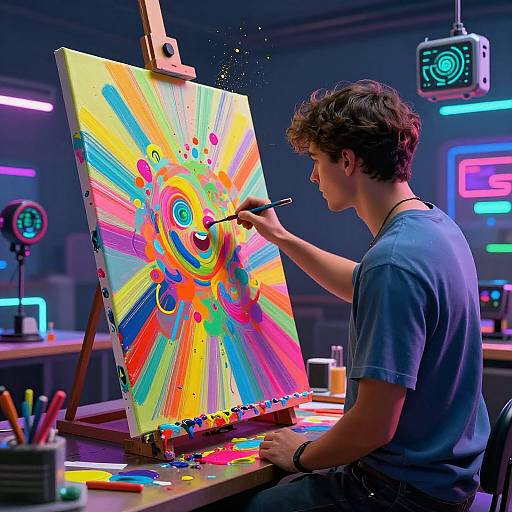 Young man in blue shirt painting vibrant, psychedelic abstract on canvas with neon-lit background in modern studio. Brush in hand, colorful splatters on eas