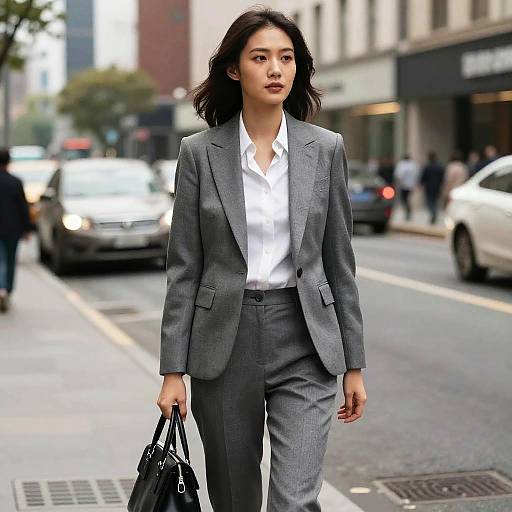 Photograph of an Asian woman with shoulder-length black hair, wearing a gray suit and white blouse, walking on a busy city street, holding a black