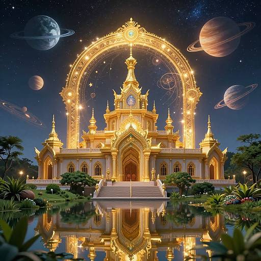 Photorealistic digital artwork of a golden, ornate palace with a celestial archway, surrounded by a starry sky, planets, and a reflective