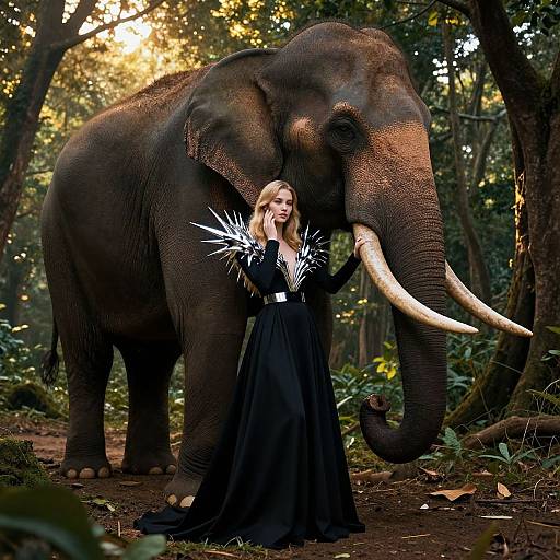 Photograph of a blonde woman in a black, long-sleeved gown with silver spiky cuffs standing beside a large, majestic elephant with long tus