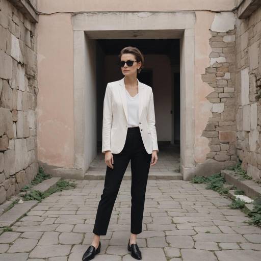 Stylish Woman in Minimalist Outfit at Historic Ruins