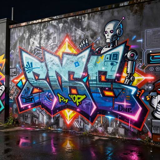 Vibrant digital graffiti on a rainy urban wall featuring a robotic figure with neon blue, orange, and pink accents.