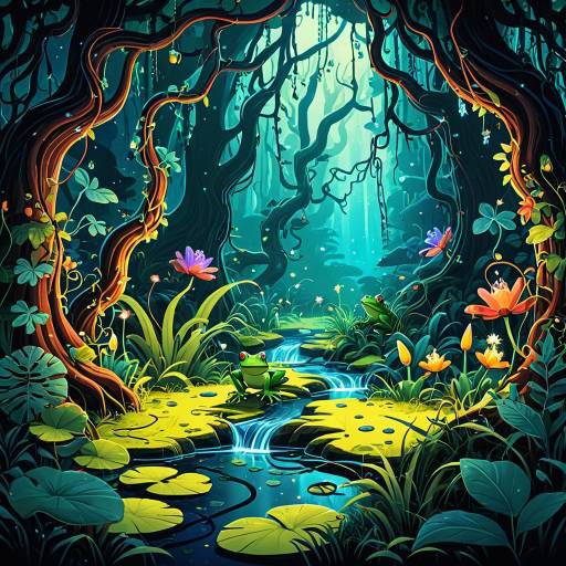 Mystical Forest with Luminous Frogs