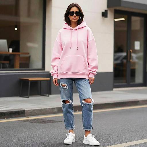 Young woman in pink hoodie and ripped jeans on city street