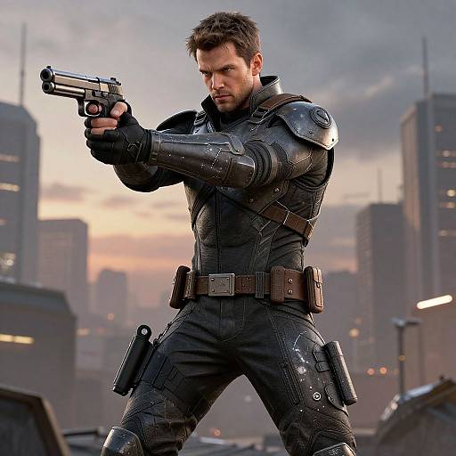Photograph-style CGI of a serious, muscular man in black armored suit, holding a gun, standing in a futuristic cityscape at sunset.
