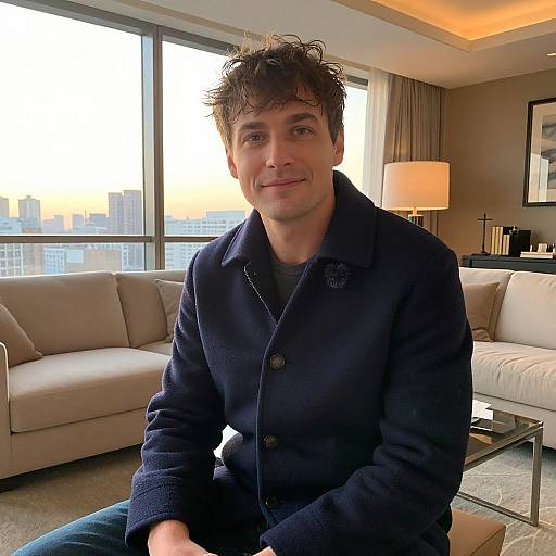 Cozy Living Room with Man at Golden Hour