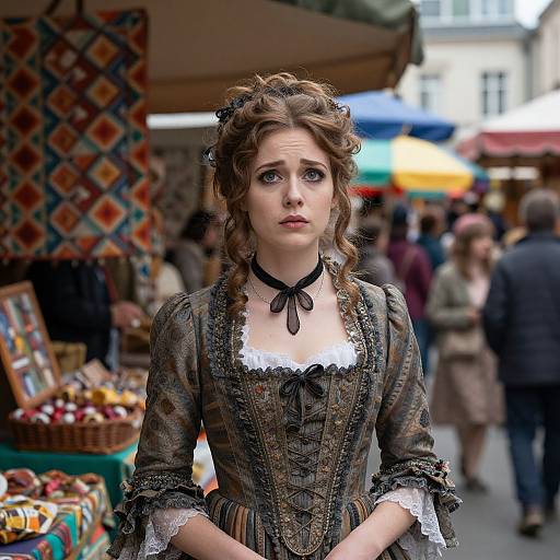 Photograph of a young woman with wavy brown hair, wearing an ornate Victorian-style black dress with white lace, standing in a bustling outdoor market