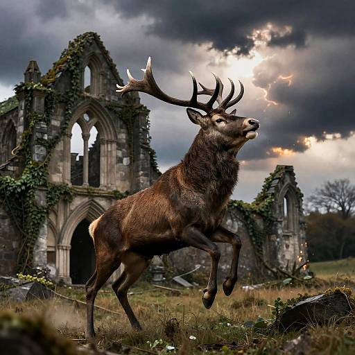 Armored Stag Rears in Ruined Cathedral