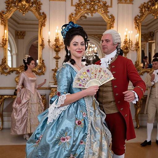 Photograph of a 18th-century ballroom: A dark-haired woman in a blue, floral-embroidered gown holds a fan, standing