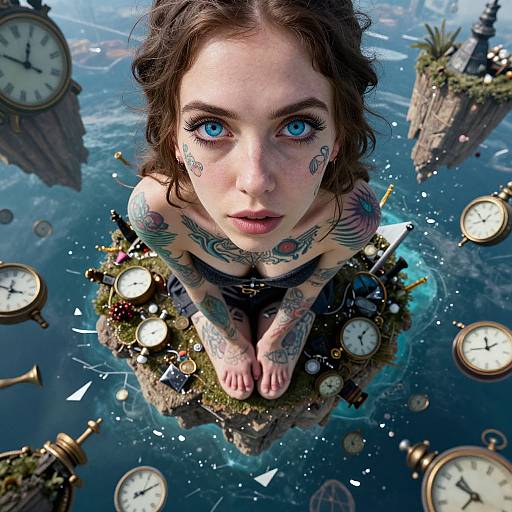 Tattooed woman with blue eyes and dark hair, kneeling in water, surrounded by floating clocks and clock towers. Surreal, digital art.