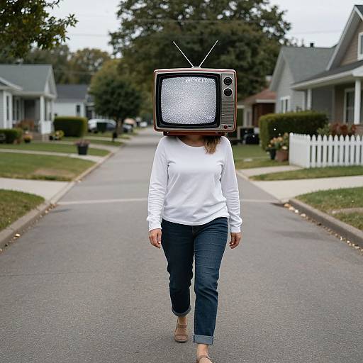 Photograph of a woman in a white long-sleeve shirt and dark jeans, wearing an old-fashioned television set on her head, walking down a