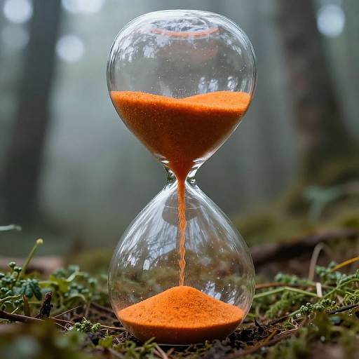Photograph of a glass hourglass with orange sand, set on mossy forest floor, blurred forest background, natural light, serene mood.