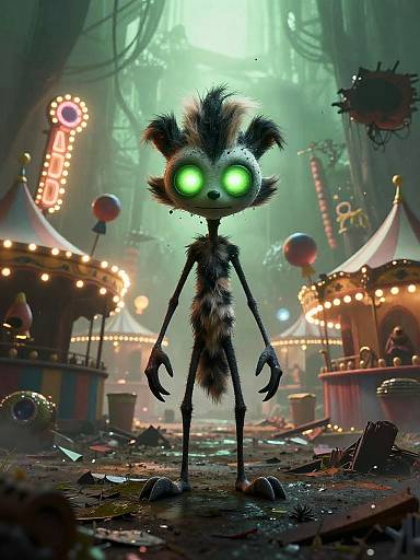 CGI image of a creepy, glowing-eyed, furry creature with long limbs in a neon-lit, circus tent-filled, foggy, dystopian