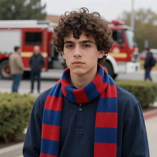 Serious Young Man Amidst Fire Trucks