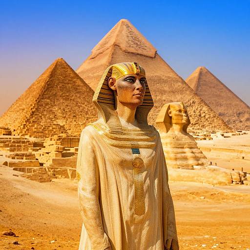 Photograph of an Egyptian woman in traditional headdress and white linen robe, standing in front of Giza pyramids under a bright blue sky.
