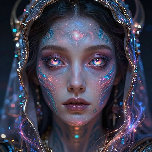 Digital art of a glowing, ethereal woman with neon blue and pink tribal face paint, luminescent eyes, and a hood adorned with colorful lights