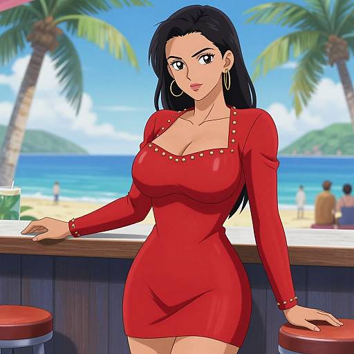 Anime-style drawing of a curvy woman with large breasts, black hair, hoop earrings, wearing a tight red dress, leaning on a beach bar with