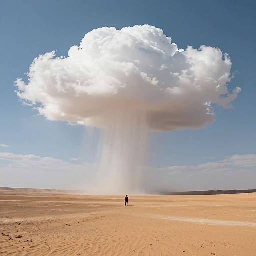 Photograph of a solitary figure standing in an endless desert beneath a massive, white cumulonimbus cloud with sunlight streaming through.