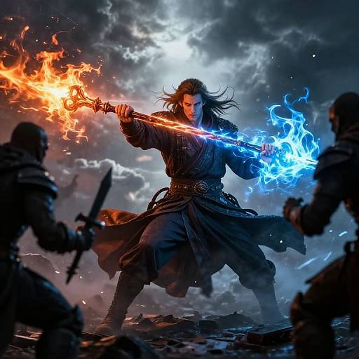 Digital artwork of a fierce warrior with long black hair, wielding a fiery orange sword in one hand and a blue flame sword in the other, surrounded by