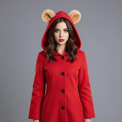 Photograph of a young woman with fair skin, dark wavy hair, red lipstick, wearing a red hooded coat with bear ear pom-poms