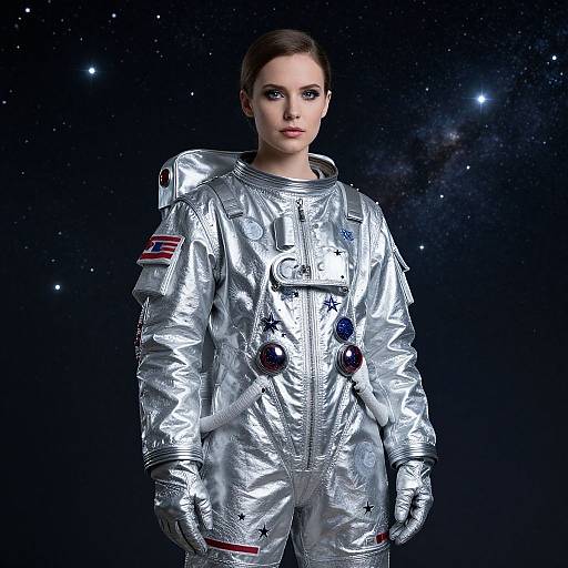 Photograph of a young woman with fair skin and dark hair in a silver, reflective astronaut suit with American flag patch, standing against a starry night