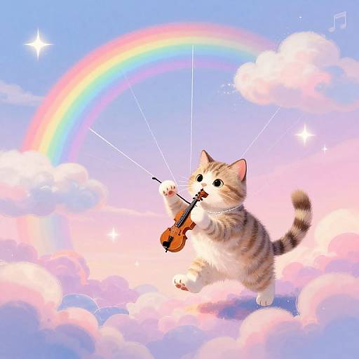Cute, fluffy, striped kitten playing violin mid-air amidst pink clouds, a vibrant rainbow, and sparkling stars against a blue sky. Digital art.