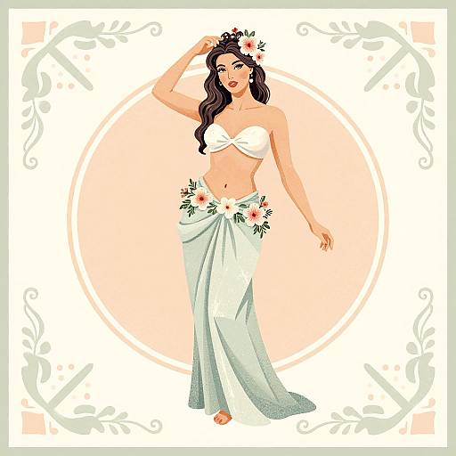 Digital illustration of a fair-skinned woman with long, wavy brown hair, wearing a white strapless top and floral-wrapped skirt, smiling,